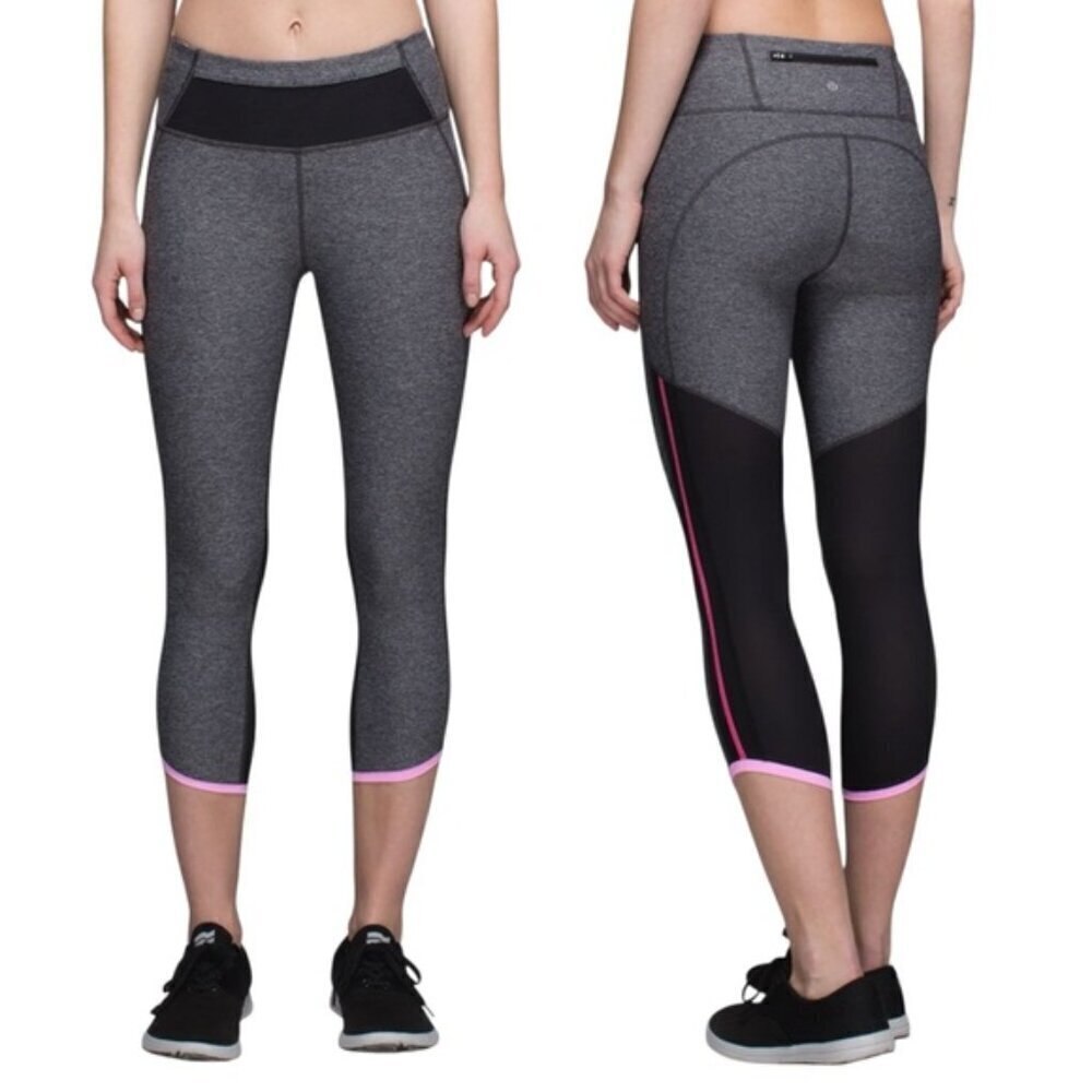 Lululemon Pace Pusher Crop Size 6 Heathered Black / Black / Raspberry Glow